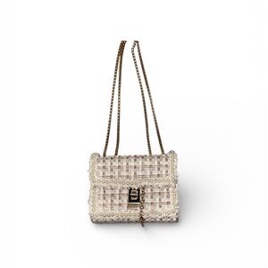 Elegant Tweed Pearl-Embellished Shoulder Bag